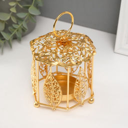 Металлический подсвечник-фонарь на 1 свечу Цветок и листья, золото, d=5.5 см, 9.8?10.5?14 см