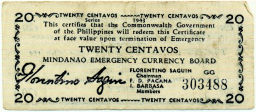 Банкнота 20 сентаво 1943 года Филиппины (Минданао, Администрация США)