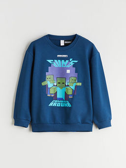 Bisiklet Yaka Minecraft Bask?l? Erkek ?ocuk Sweatshirt