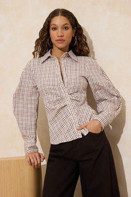 Cok Renkli Balon Kol Detayl? Bele Oturan Asimetrik Kapama Dokuma Gomlek TWOSS26GO00068