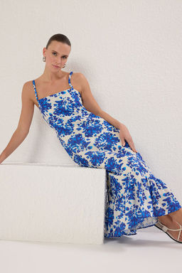 TRENDYOLMILLA Mavi Cicekli Keten Gorunumlu Maxi Ask? Detayl? Dokuma Elbise TWOSS25EL00045