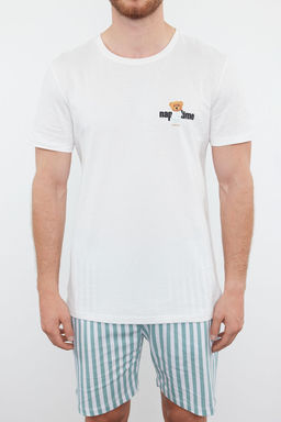 TRENDYOL MAN Mavi Ekru Cizgili Regular Fit Couple/Cift Orme Sortlu %100 Pamuklu Pijama Tak?m? TMNSS24PT00017 - Trendyolmilla фото 3
