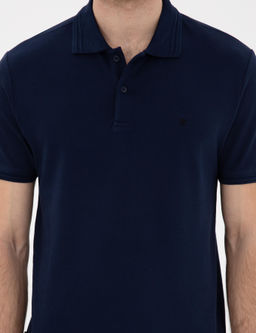 Lacivert Slim Fit %100 Pamuk Polo Yaka Basic Ti__rt