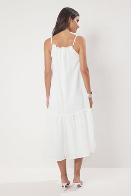 Trendyolmilla Ekru Genis Kesim Baglama Detayl? Midi Muslin Dokuma Elbise TWOSS25EL00718 фото 10