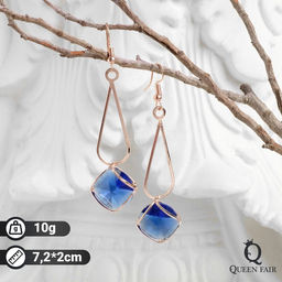 Серьги висячие со стразами Капля с ромбом, цвет синий в розовом золоте