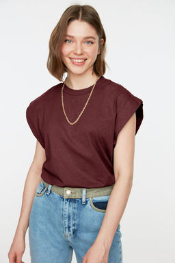 Bordo %100 Pamuk Vatka Gorunumlu Basic Bisiklet Yaka Orme T-Shirt TWOSS20TS0021