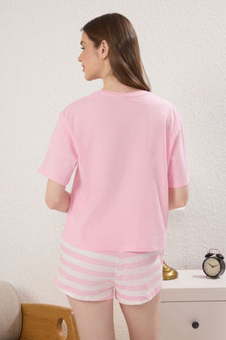 Trendyolmilla Kad?n Mini Me/Anne K?z Pembe %100 Pamuklu Cizgili Kalpli Sortlu Orme Pijama Tak?m? THMSS25PT00343