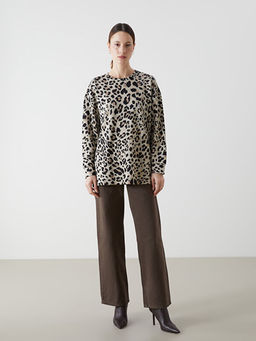 Bisiklet Yaka Leopar Desenli Oversize Kad?n Sweatshirt Tunik