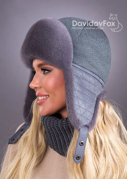 Ушанка норка трикотаж серо-голубой - Davidovfox фото 3