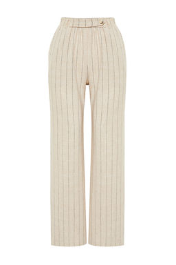 Bej Cizgili Beli Lastikli Cepli Straight/Duz Kesim Pamuk Keten Dokuma Pantolon TWOSS24PL00055