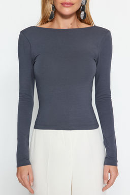 Antrasit Pamuklu S?rt Dekolteli Fitted/Vucuda Oturan Esnek Bluz TWOAW24BZ00160