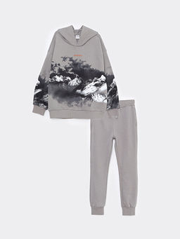 Kap??onlu Bask?l? Uzun Kollu Erkek ?ocuk Sweatshirt ve E?ofman Alt?