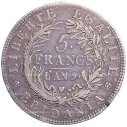 Монета 5 франков 1800 года Пьемонт (Субальпийская республика)