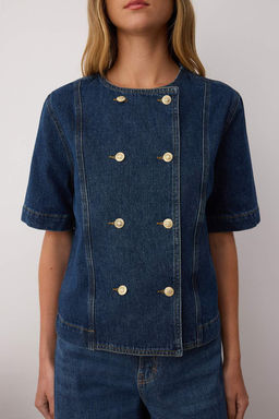 Koyu Mavi Dugme Detayl? K?sa Kol Denim Ceket TWOAW26CE00005 - Trendyolmilla фото 3