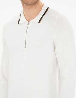 Ekru Slim Fit Fermuarl_ Polo Yaka Kazak