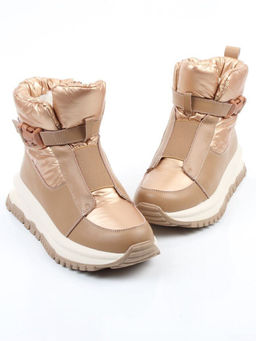 04-WG037-1M DK. BEIGE/GOLD Ботинки зимние женские (натуральная кожа, курточная ткань, 100% шерсть)