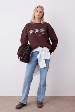 Kahverengi Nak?sl? Oversize/Genis Kal?p Kal?n Ici Polarl? Orme Sweatshirt TWOAW26SW00100 - Trendyolmilla фото 2