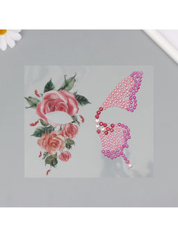 Наклейка - стразы на лицо Крыло бабочки и розовые розы, 16?17 см