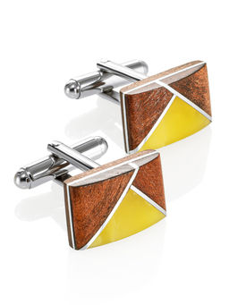 Оригинальные запонки из дерева и натурального янтаря Индонезия