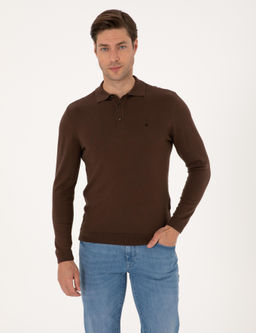 Kahverengi Slim Fit Polo Yaka Basic Triko Kazak
