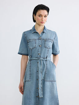 G?mlek Yaka Beli Ku?akl? Jean Elbise