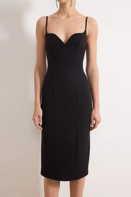 Siyah Ask?l? Dokuma Midi S?k/Gece Elbise Elbise TWOSS26EL00114