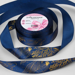 Лента атласная с тиснением Океан, 25 мм 23 1 м, цвет тёмно-синий/голография