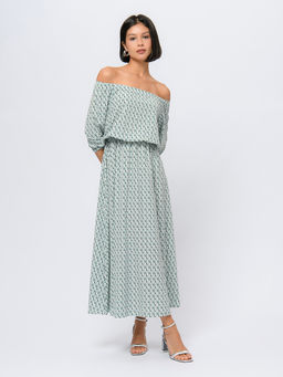 Платье мятного цвета с принтом и пышными рукавами - 1001dress фото 3