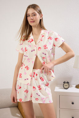 Trendyolmilla Pembe %100 Pamuklu Potikareli Cicekli Sortlu Orme Pijama Tak?m? THMSS25PT00364
