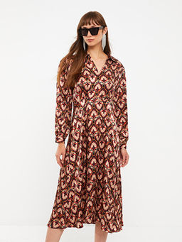 G?mlek Yaka Desenli Uzun Kollu Saten Elbise