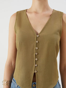 V Yaka Keten Kar???ml? Kad?n Klasik Yelek