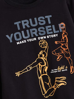 Bisiklet Yaka Bask?l? Erkek ?ocuk Kal?n Sweatshirt