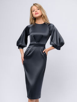 УЦЕНКА. Платье темно-серого цвета длины миди с пышными рукавами - 1001dress фото 4