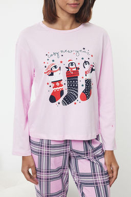 Trendyolmilla Beyaz-Cok Renkli %100 Pamuklu K?s Temal? Ekoseli Orme Pijama Tak?m? THMAW25PT00121