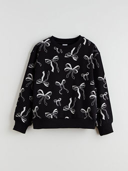 Bisiklet Yaka Fiyonk Desenli K?z ?ocuk Sweatshirt