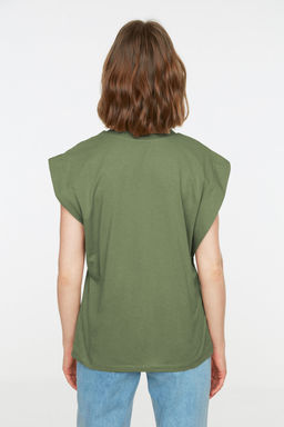 Haki %100 Pamuk Vatka Gorunumlu Basic Bisiklet Yaka Orme T-Shirt TWOSS20TS0021