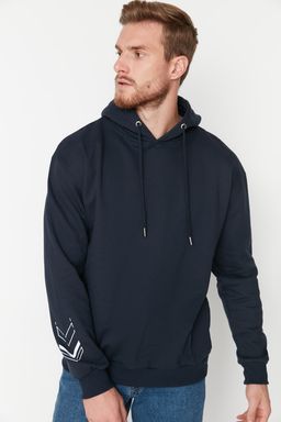 Lacivert Oversize/Genis Kesim Yaz? Bask?l? Ici Polar/S?cak Tutan Sweatshirt TMNAW23SW00024