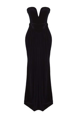 Limited Edition Siyah Kadife Kalp Yaka Maxi Abiye & Mezuniyet Elbisesi TPRAW26AE00006