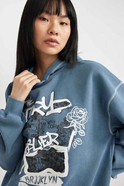 Толстый свитшот с капюшоном и принтом Cool Oversize с эффектом выцветания - Defacto фото 3