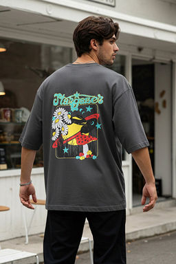 B_y_k Beden Antrasit Oversize/Geni_ Kesim Soluk Efekt Bask_l_ %100 Pamuk T-shirt TEDSS25BF00001