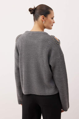 Siyah Omuz Cut Out/Pencere Detayl? Inci Islemeli Triko Kazak TWOAW26KZ00185 - Trendyolmilla фото 8