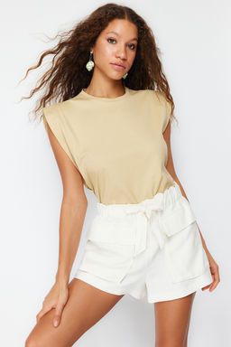 Koyu Bej %100 Pamuk Vatka Gorunumlu Basic Bisiklet Yaka Orme T-Shirt TWOSS20TS0021