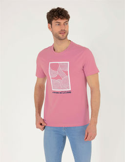 Pembe Slim Fit Bask_l_ Bisiklet Yaka Ti__rt