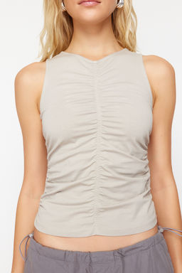 Trendyolmilla Ac?k Gri Buzgu/Drape Detayl? Bisiklet Yaka Orme Bluz TWOSS24BZ00466