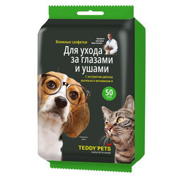 Цена за 3 шт. Влажные салфетки для животных Teddy Pets для ухода за глазами и ушами, 50 шт.