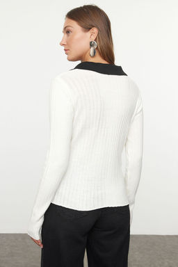 TRENDYOLMILLA Ekru Polo Yaka Renk Bloklu Triko Kazak TWOAW25KZ00040