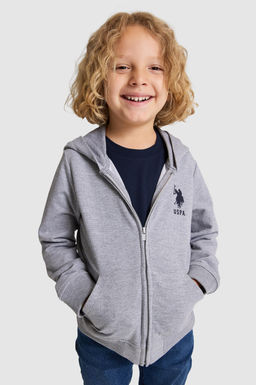 Erkek _ocuk Gri Melanj Kap__onlu _nce Fermuarl_ Basic Sweatshirt