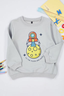 Gri Melanj Erkek Cocuk Mevsimlik-Ince Galaktik Desenli Bisiklet Yaka Orme Sweatshirt TKDAW25SW00005