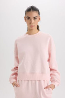 Boxy Fit Bisiklet Yaka Basic Duz Kal?n Sweatshirt
