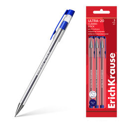 Цена за 12 шт. Набор из 3 ручек шариковых ErichKrause ULTRA-20 Stick Classic 0.7, Super Glide Technology, цвет чернил синий (в пакете)